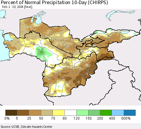 Central Asia Percent of Normal Precipitation 10-Day (CHIRPS) Thematic Map For 2/1/2024 - 2/10/2024
