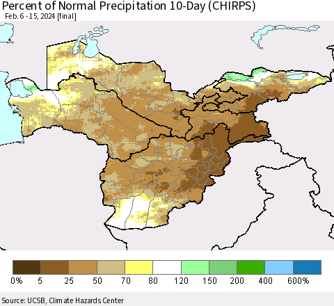 Central Asia Percent of Normal Precipitation 10-Day (CHIRPS) Thematic Map For 2/6/2024 - 2/15/2024