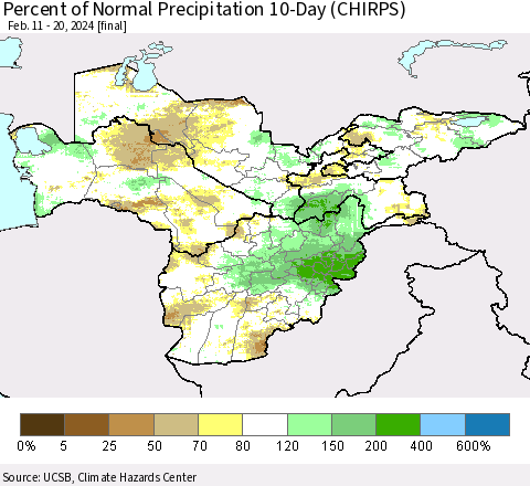 Central Asia Percent of Normal Precipitation 10-Day (CHIRPS) Thematic Map For 2/11/2024 - 2/20/2024