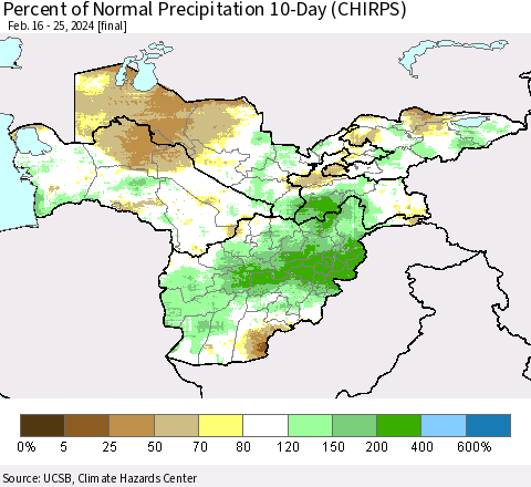 Central Asia Percent of Normal Precipitation 10-Day (CHIRPS) Thematic Map For 2/16/2024 - 2/25/2024