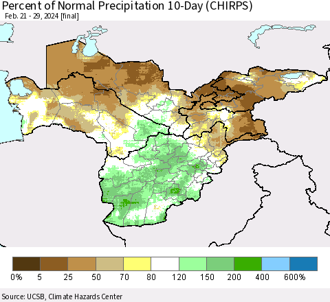 Central Asia Percent of Normal Precipitation 10-Day (CHIRPS) Thematic Map For 2/21/2024 - 2/29/2024