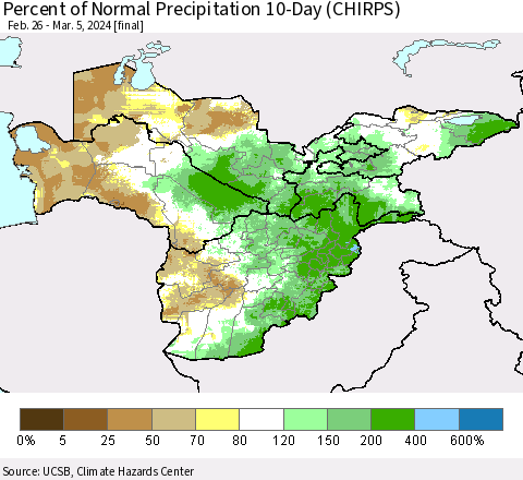 Central Asia Percent of Normal Precipitation 10-Day (CHIRPS) Thematic Map For 2/26/2024 - 3/5/2024
