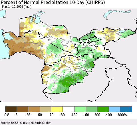 Central Asia Percent of Normal Precipitation 10-Day (CHIRPS) Thematic Map For 3/1/2024 - 3/10/2024