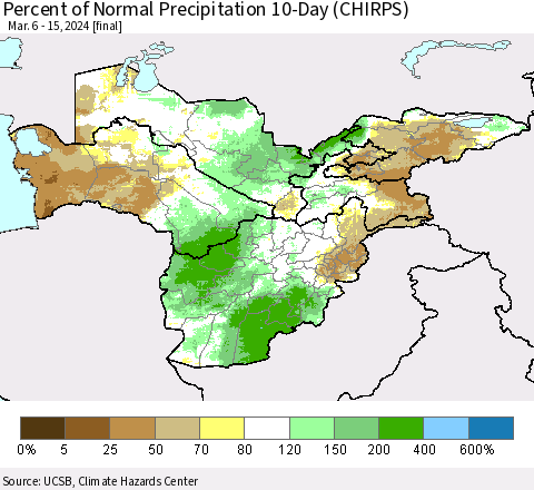 Central Asia Percent of Normal Precipitation 10-Day (CHIRPS) Thematic Map For 3/6/2024 - 3/15/2024