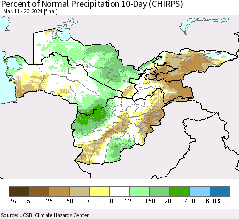 Central Asia Percent of Normal Precipitation 10-Day (CHIRPS) Thematic Map For 3/11/2024 - 3/20/2024
