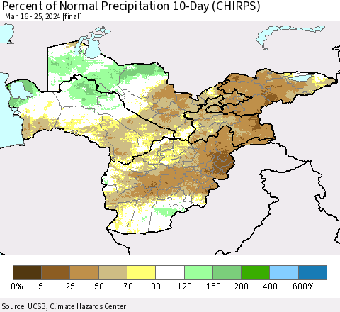 Central Asia Percent of Normal Precipitation 10-Day (CHIRPS) Thematic Map For 3/16/2024 - 3/25/2024
