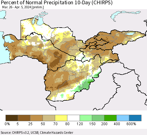 Central Asia Percent of Normal Precipitation 10-Day (CHIRPS) Thematic Map For 3/26/2024 - 4/5/2024