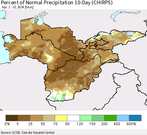 Central Asia Percent of Normal Precipitation 10-Day (CHIRPS) Thematic Map For 4/1/2024 - 4/10/2024