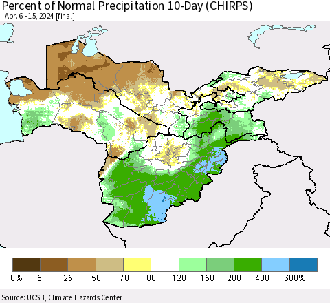 Central Asia Percent of Normal Precipitation 10-Day (CHIRPS) Thematic Map For 4/6/2024 - 4/15/2024