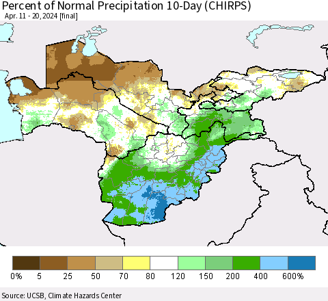 Central Asia Percent of Normal Precipitation 10-Day (CHIRPS) Thematic Map For 4/11/2024 - 4/20/2024