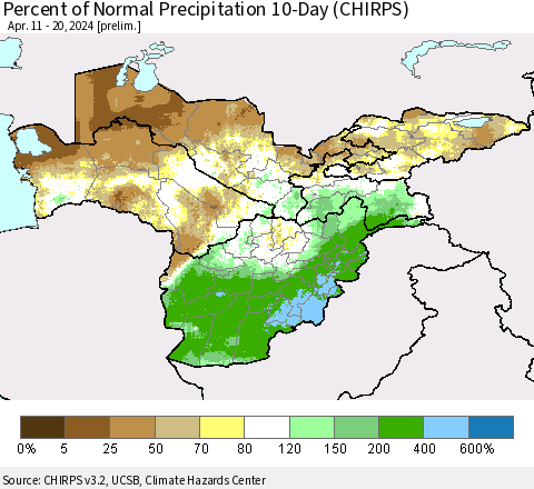 Central Asia Percent of Normal Precipitation 10-Day (CHIRPS) Thematic Map For 4/11/2024 - 4/20/2024