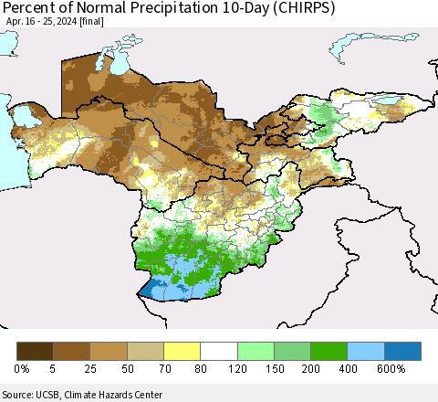 Central Asia Percent of Normal Precipitation 10-Day (CHIRPS) Thematic Map For 4/16/2024 - 4/25/2024