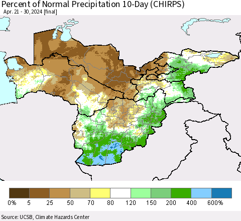 Central Asia Percent of Normal Precipitation 10-Day (CHIRPS) Thematic Map For 4/21/2024 - 4/30/2024