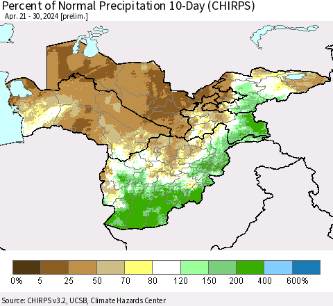 Central Asia Percent of Normal Precipitation 10-Day (CHIRPS) Thematic Map For 4/21/2024 - 4/30/2024