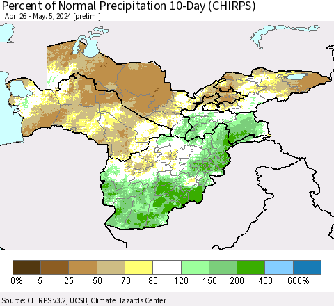 Central Asia Percent of Normal Precipitation 10-Day (CHIRPS) Thematic Map For 4/26/2024 - 5/5/2024