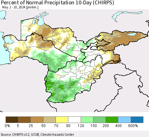 Central Asia Percent of Normal Precipitation 10-Day (CHIRPS) Thematic Map For 5/1/2024 - 5/10/2024