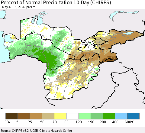 Central Asia Percent of Normal Precipitation 10-Day (CHIRPS) Thematic Map For 5/6/2024 - 5/15/2024