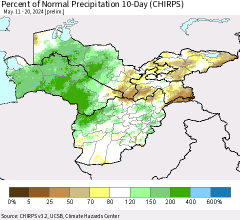 Central Asia Percent of Normal Precipitation 10-Day (CHIRPS) Thematic Map For 5/11/2024 - 5/20/2024