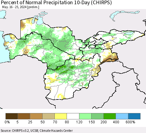 Central Asia Percent of Normal Precipitation 10-Day (CHIRPS) Thematic Map For 5/16/2024 - 5/25/2024