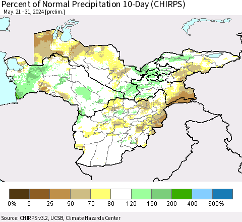Central Asia Percent of Normal Precipitation 10-Day (CHIRPS) Thematic Map For 5/21/2024 - 5/31/2024