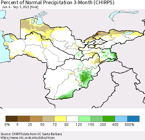 Central Asia Percent of Normal Precipitation 3-Month (CHIRPS) Thematic Map For 6/6/2021 - 9/5/2021