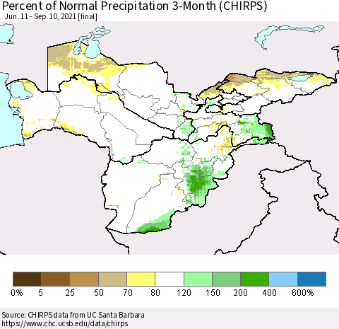 Central Asia Percent of Normal Precipitation 3-Month (CHIRPS) Thematic Map For 6/11/2021 - 9/10/2021