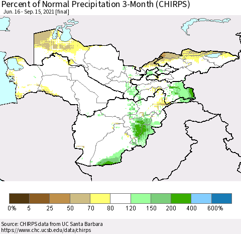 Central Asia Percent of Normal Precipitation 3-Month (CHIRPS) Thematic Map For 6/16/2021 - 9/15/2021
