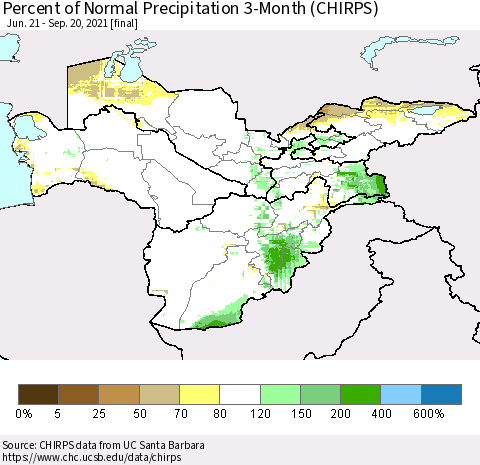 Central Asia Percent of Normal Precipitation 3-Month (CHIRPS) Thematic Map For 6/21/2021 - 9/20/2021