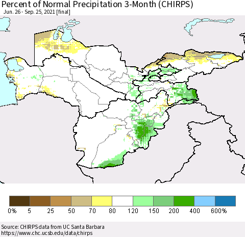 Central Asia Percent of Normal Precipitation 3-Month (CHIRPS) Thematic Map For 6/26/2021 - 9/25/2021