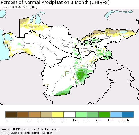 Central Asia Percent of Normal Precipitation 3-Month (CHIRPS) Thematic Map For 7/1/2021 - 9/30/2021
