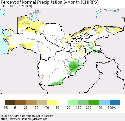 Central Asia Percent of Normal Precipitation 3-Month (CHIRPS) Thematic Map For 7/6/2021 - 10/5/2021