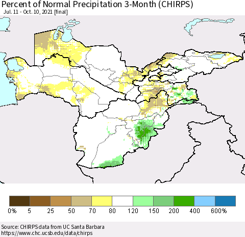 Central Asia Percent of Normal Precipitation 3-Month (CHIRPS) Thematic Map For 7/11/2021 - 10/10/2021