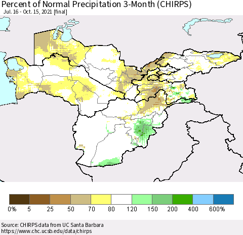 Central Asia Percent of Normal Precipitation 3-Month (CHIRPS) Thematic Map For 7/16/2021 - 10/15/2021