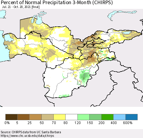 Central Asia Percent of Normal Precipitation 3-Month (CHIRPS) Thematic Map For 7/21/2021 - 10/20/2021