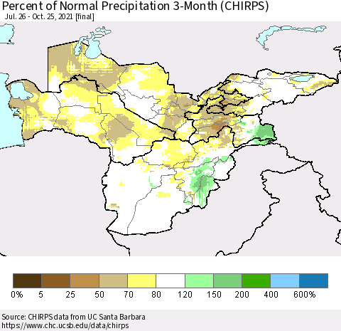 Central Asia Percent of Normal Precipitation 3-Month (CHIRPS) Thematic Map For 7/26/2021 - 10/25/2021