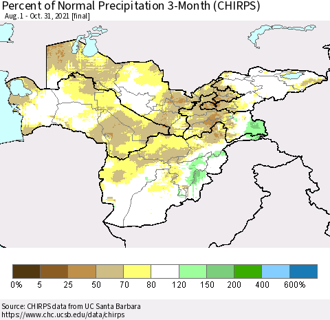 Central Asia Percent of Normal Precipitation 3-Month (CHIRPS) Thematic Map For 8/1/2021 - 10/31/2021