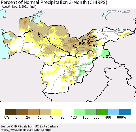 Central Asia Percent of Normal Precipitation 3-Month (CHIRPS) Thematic Map For 8/6/2021 - 11/5/2021