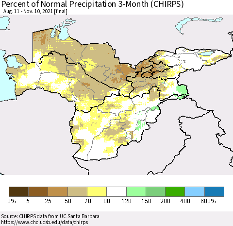 Central Asia Percent of Normal Precipitation 3-Month (CHIRPS) Thematic Map For 8/11/2021 - 11/10/2021