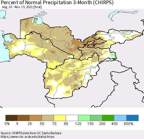 Central Asia Percent of Normal Precipitation 3-Month (CHIRPS) Thematic Map For 8/16/2021 - 11/15/2021
