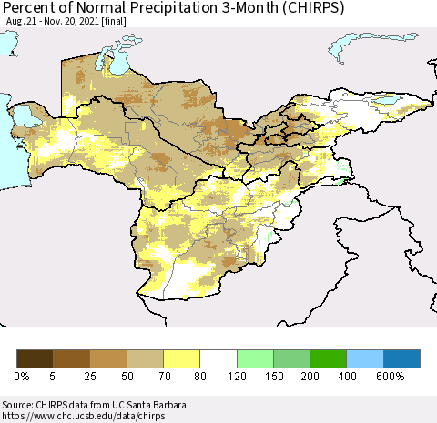 Central Asia Percent of Normal Precipitation 3-Month (CHIRPS) Thematic Map For 8/21/2021 - 11/20/2021