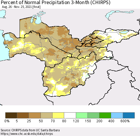 Central Asia Percent of Normal Precipitation 3-Month (CHIRPS) Thematic Map For 8/26/2021 - 11/25/2021
