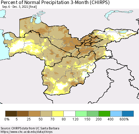 Central Asia Percent of Normal Precipitation 3-Month (CHIRPS) Thematic Map For 9/6/2021 - 12/5/2021