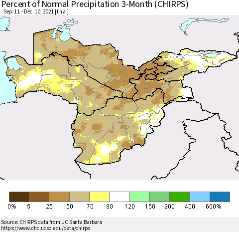 Central Asia Percent of Normal Precipitation 3-Month (CHIRPS) Thematic Map For 9/11/2021 - 12/10/2021