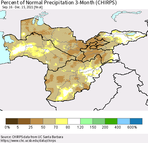 Central Asia Percent of Normal Precipitation 3-Month (CHIRPS) Thematic Map For 9/16/2021 - 12/15/2021