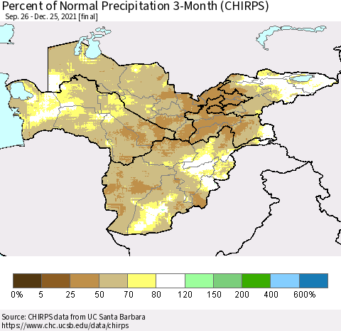 Central Asia Percent of Normal Precipitation 3-Month (CHIRPS) Thematic Map For 9/26/2021 - 12/25/2021