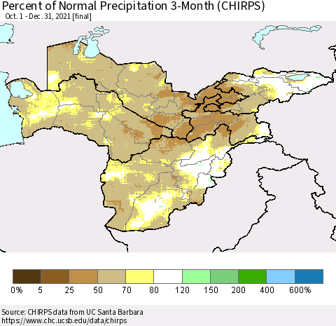 Central Asia Percent of Normal Precipitation 3-Month (CHIRPS) Thematic Map For 10/1/2021 - 12/31/2021