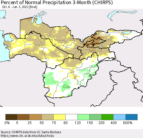 Central Asia Percent of Normal Precipitation 3-Month (CHIRPS) Thematic Map For 10/6/2021 - 1/5/2022