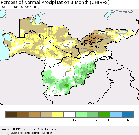 Central Asia Percent of Normal Precipitation 3-Month (CHIRPS) Thematic Map For 10/11/2021 - 1/10/2022