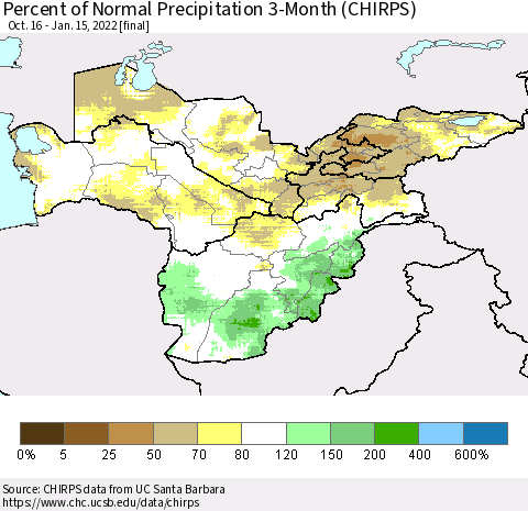 Central Asia Percent of Normal Precipitation 3-Month (CHIRPS) Thematic Map For 10/16/2021 - 1/15/2022