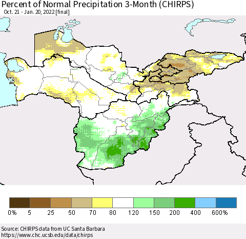 Central Asia Percent of Normal Precipitation 3-Month (CHIRPS) Thematic Map For 10/21/2021 - 1/20/2022